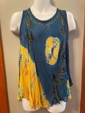 CLEOPATRA Boho Hippie Tie-Dye Embroidered Sleeveless Summer Holiday Flowy Top